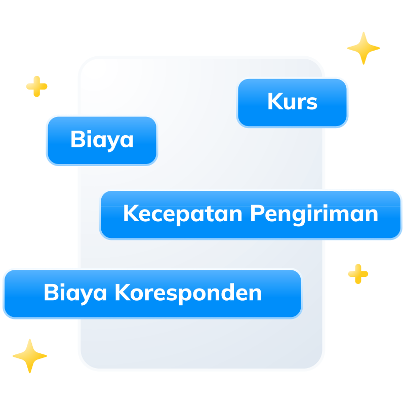 Ponsel putih dengan empat tombol biru yang masing-masing berlabel kurs, biaya, kecepatan pengiriman, dan biaya koresponden.