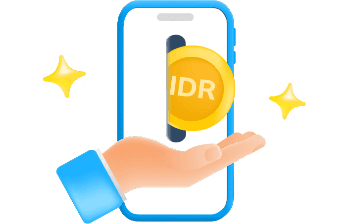 Ilustrasi sebuah ponsel mengeluarkan koin emas dengan teks IDR ke telapak tangan dibawahnya, melambangkan pemasukan digital. Latar belakangnya biru cerah dan 2 bintang di sekeliling ponsel.