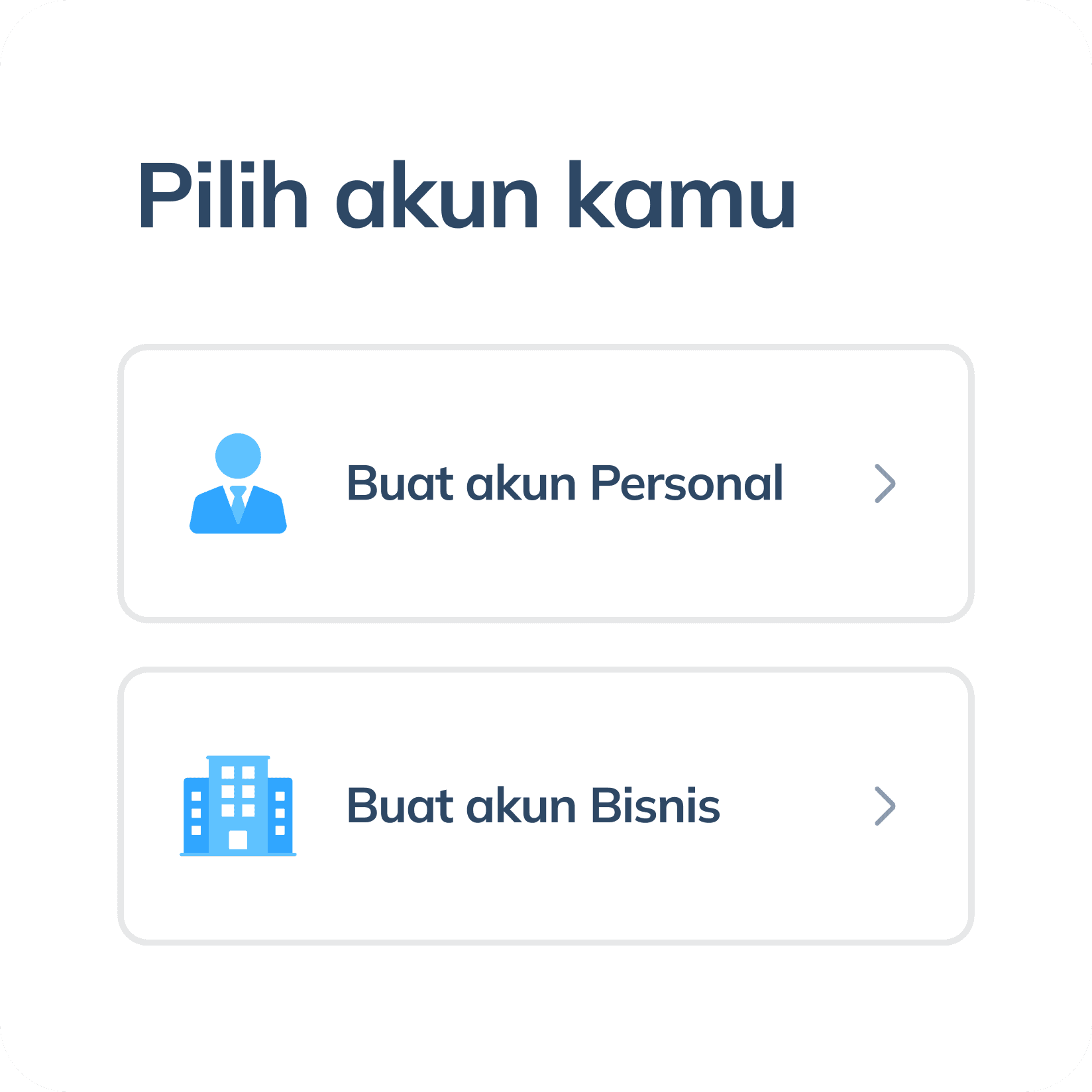 Tampilan langkah pertama untuk bergabung Program Afiliasi Topremit, menunjukkan opsi pembuatan akun Topremit personal atau akun Topremit for Business.