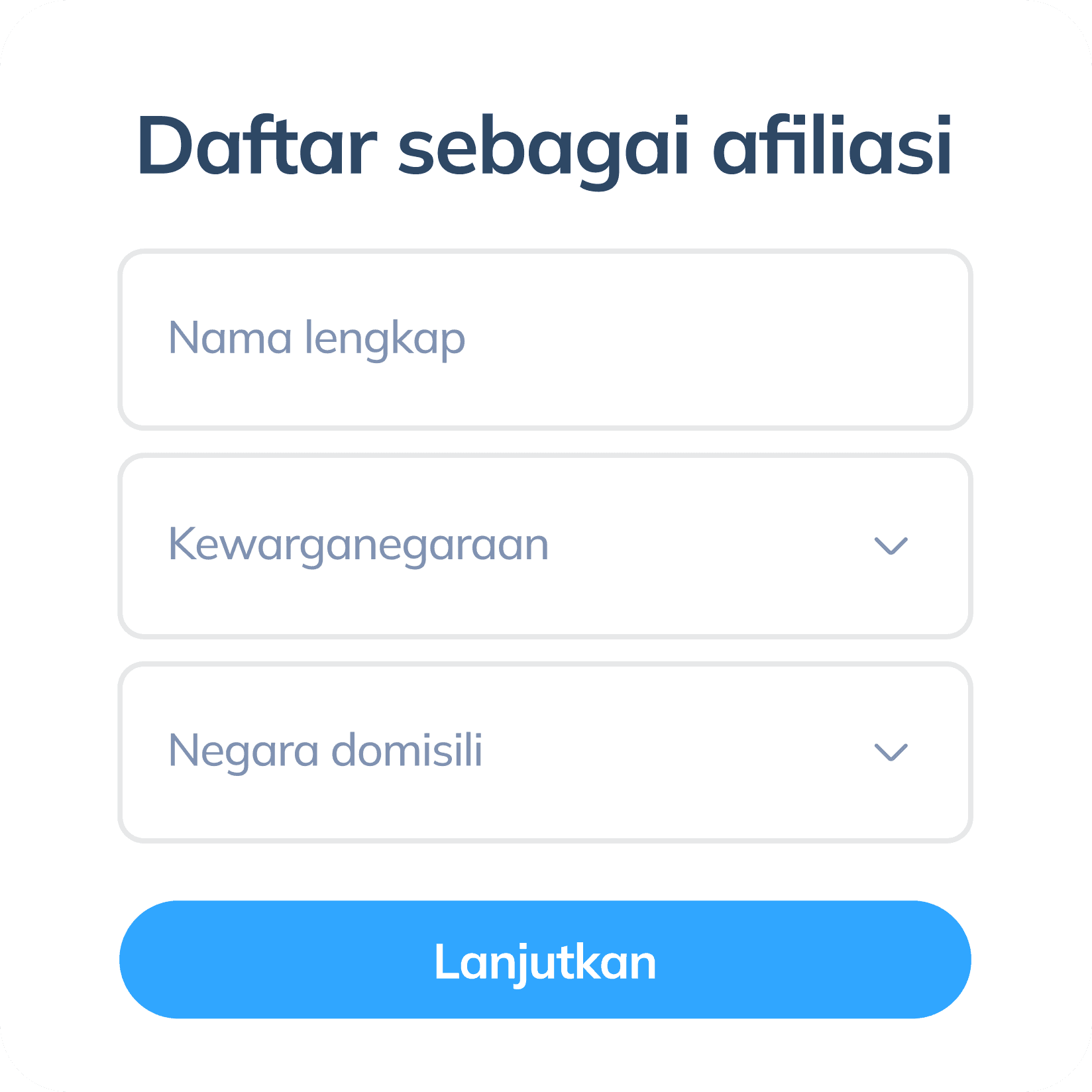 Tampilan langkah kedua untuk bergabung Program Afiliasi Topremit, menunjukkan halaman registrasi yang terdiri dari nama lengkap, kewarganegaraan, serta domisili.