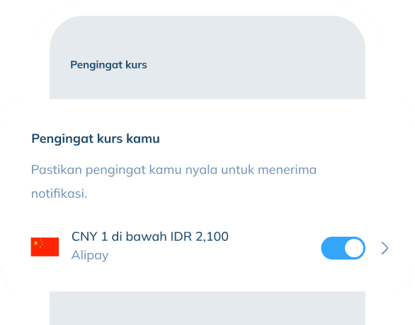 Sebuah ilustrasi tampilan layar yang menunjukkan fitur 'Pengingat kurs' dengan pesan yang dibuat menonjol keluar berisi teks judul 'Pengingat kurs kamu' dan text dibawahnya "Pastikan pengingat kamu nyala untuk menerima notifikasi." Tersedia juga ikon sakelar yang menunjukkan notifikasi aktif.