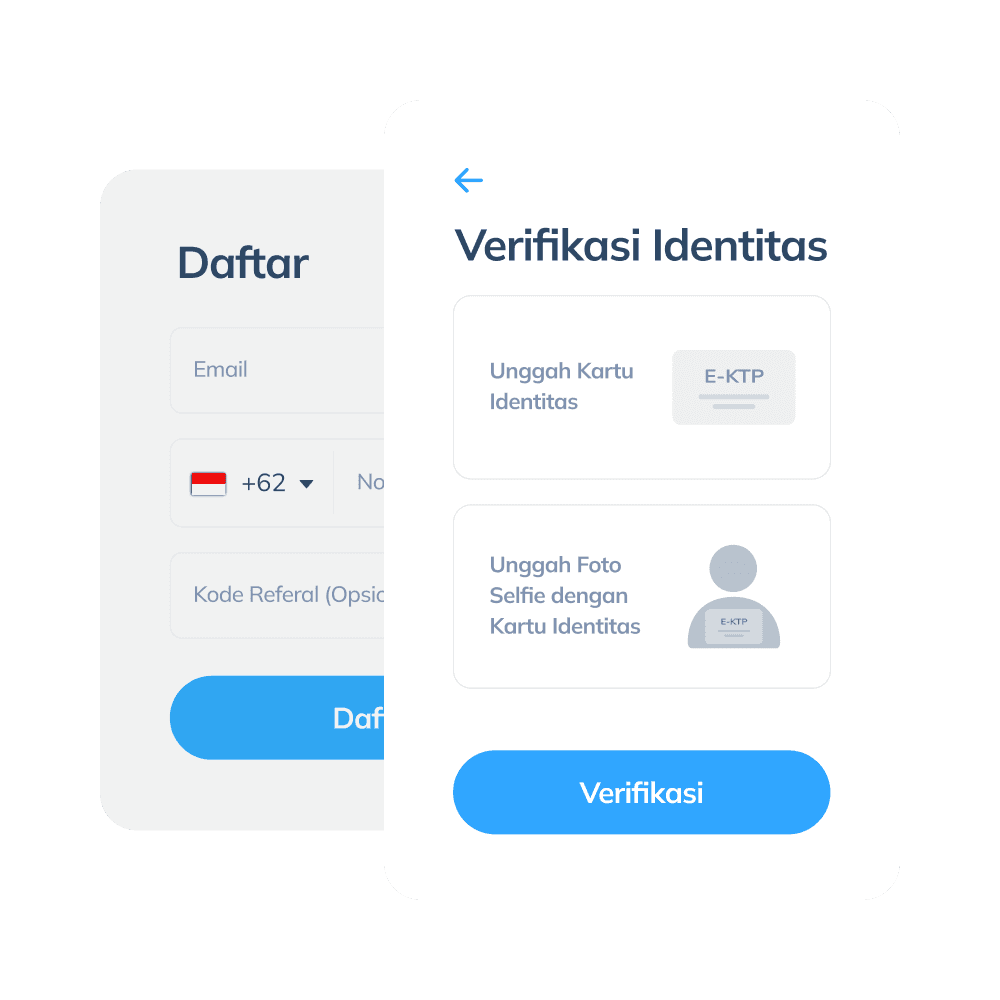 Tampilan langkah pertama untuk transaksi internasional di aplikasi Topremit dengan registrasi akun melalui email dan nomor telepon serta verifikasi identitas menggunakan kartu tanda pengenal.