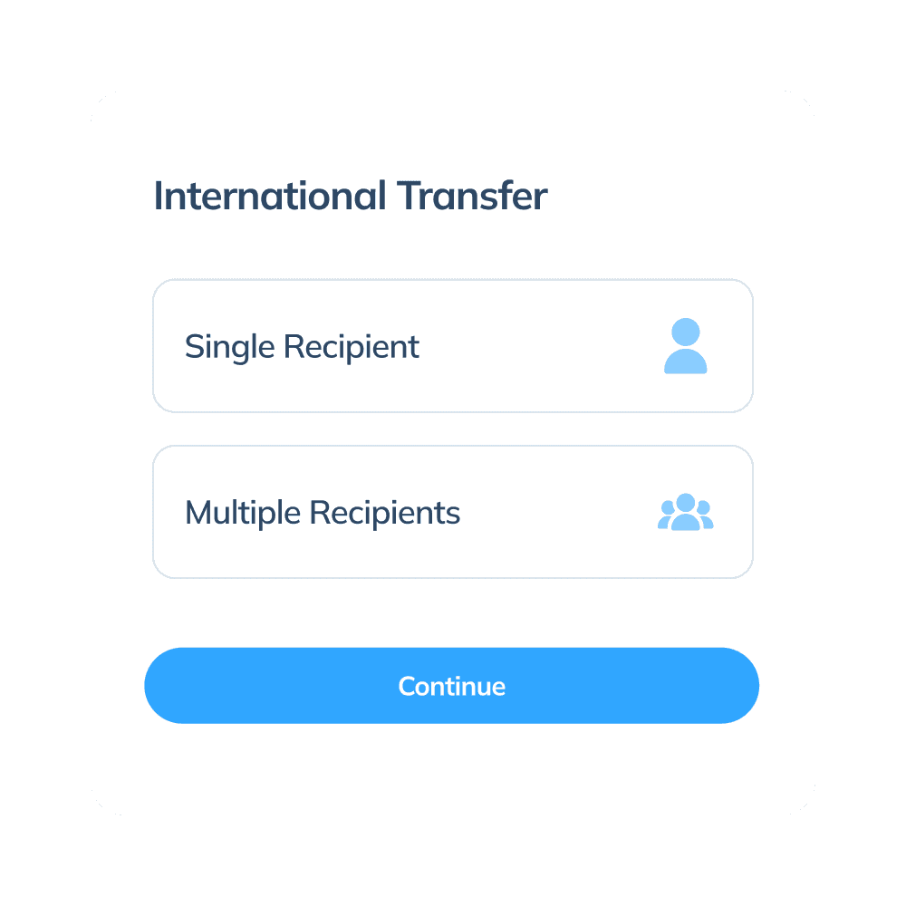 「単一の受取人」または「複数の受取人」への送金オプションを表示する、Topremit アプリの国際取引の第2ステップ画面。