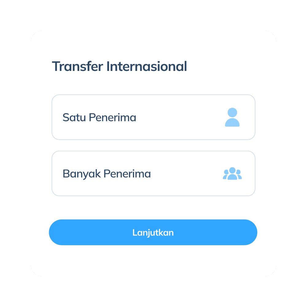 Tampilan langkah kedua transaksi internasional di aplikasi Topremit, menunjukkan opsi transfer ke 'Satu Penerima' atau 'Banyak Penerima'.