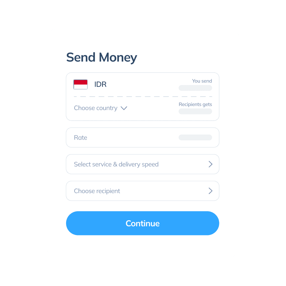 送金先の国、為替レート、サービス、受取人を表示する、Topremit アプリの国際取引の第3ステップ画面。