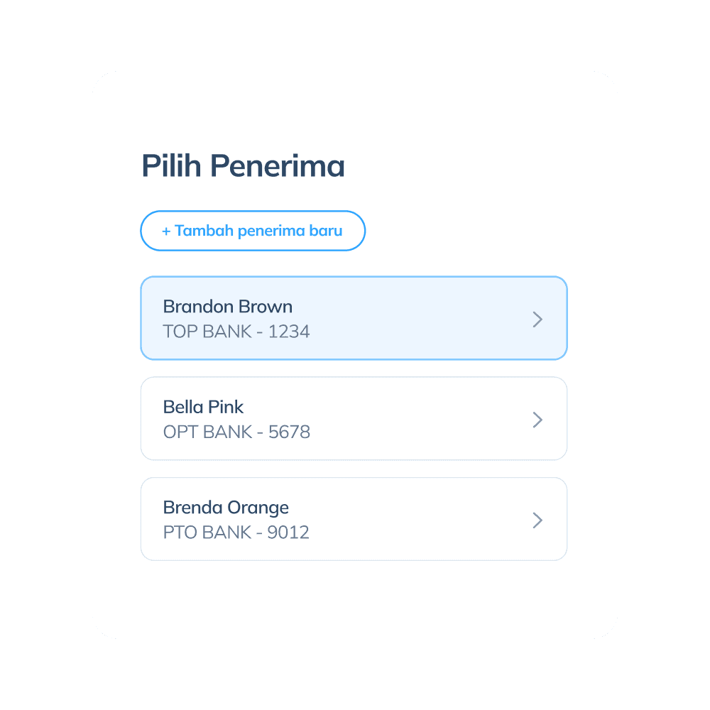 Tampilan langkah keempat transaksi internasional di aplikasi Topremit dengan memilih penerima atau mengisi data penerima baru.