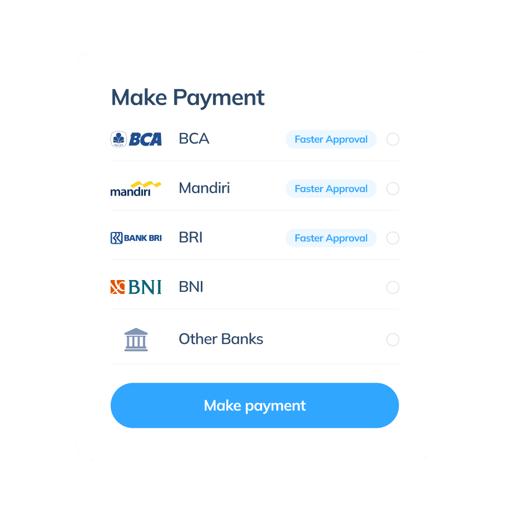 BCA、Mandiri、BRI、BNI、などの利用可能な銀行を通じて支払いを行う、Topremit アプリの国際取引の最終ステップ画面。