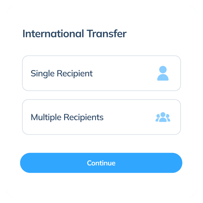Display of the second step in an international transaction on the Topremit app, showing transfer options for “Single Recipient” or “Multiple Recipients”.