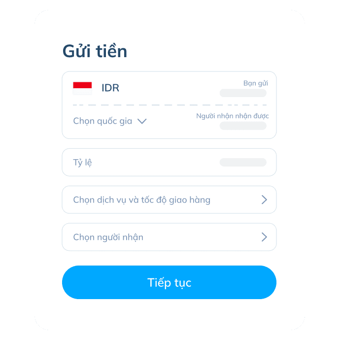 Màn hình bước thứ ba của giao dịch quốc tế trên ứng dụng Topremit, hiển thị quốc gia nhận, tỷ giá, dịch vụ và người nhận.