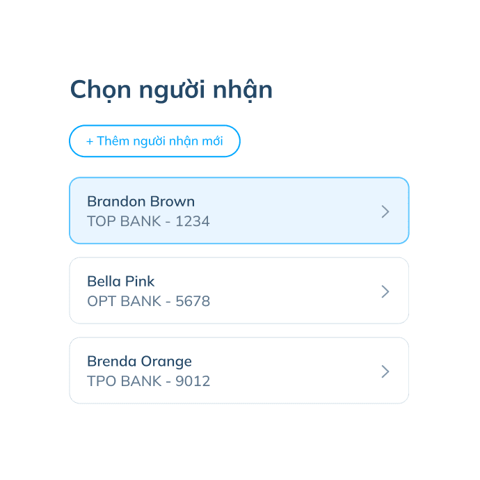 Màn hình bước thứ tư của giao dịch quốc tế trên ứng dụng Topremit, cho phép chọn người nhận hiện có hoặc nhập thông tin người nhận mới.