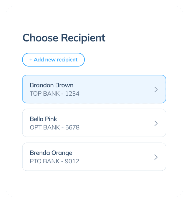 Display of the fourth step in an international transaction on the Topremit app by selecting an existing recipient or entering new recipient details.