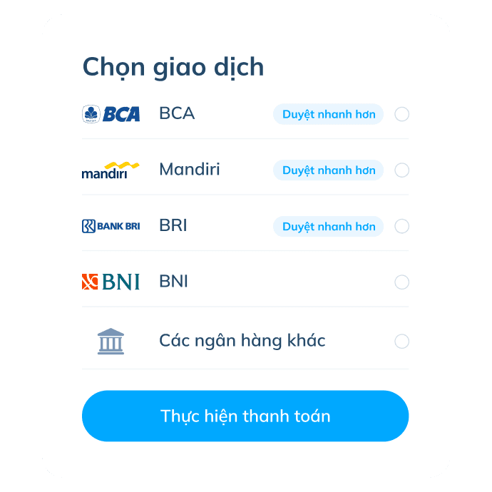 Màn hình bước cuối của giao dịch quốc tế trên ứng dụng Topremit với việc thanh toán qua các ngân hàng như BCA, Mandiri, BRI, BNI, hoặc ngân hàng khác.