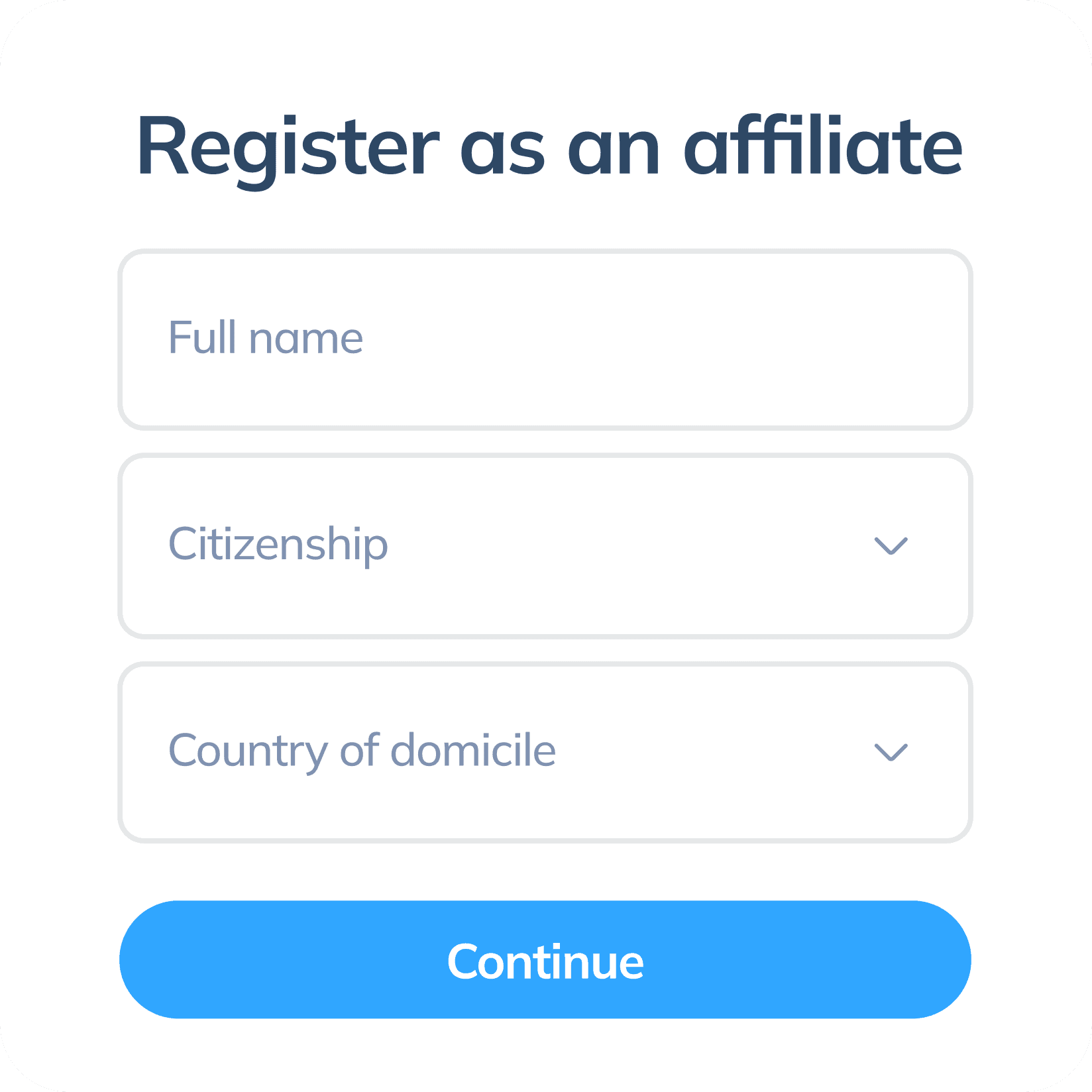 Display of the second step to join the Topremit Affiliate Program, showing the registration page with full name, citizenship, and country of domicile.