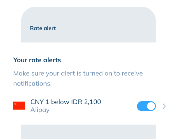 An illustration of app screen showing 'Rate alert' feature. There is a message popped up with a text title 'Your rate alerts' and the text below 'Make sure your alert is turned on to receive notifications'. There is also an active notification toggle below the texts.