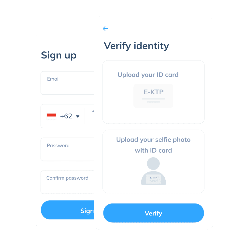 Display of the first step for a local transfer on the Topremit app, including account registration via email, phone number, and password, as well as identity verification using an ID card.