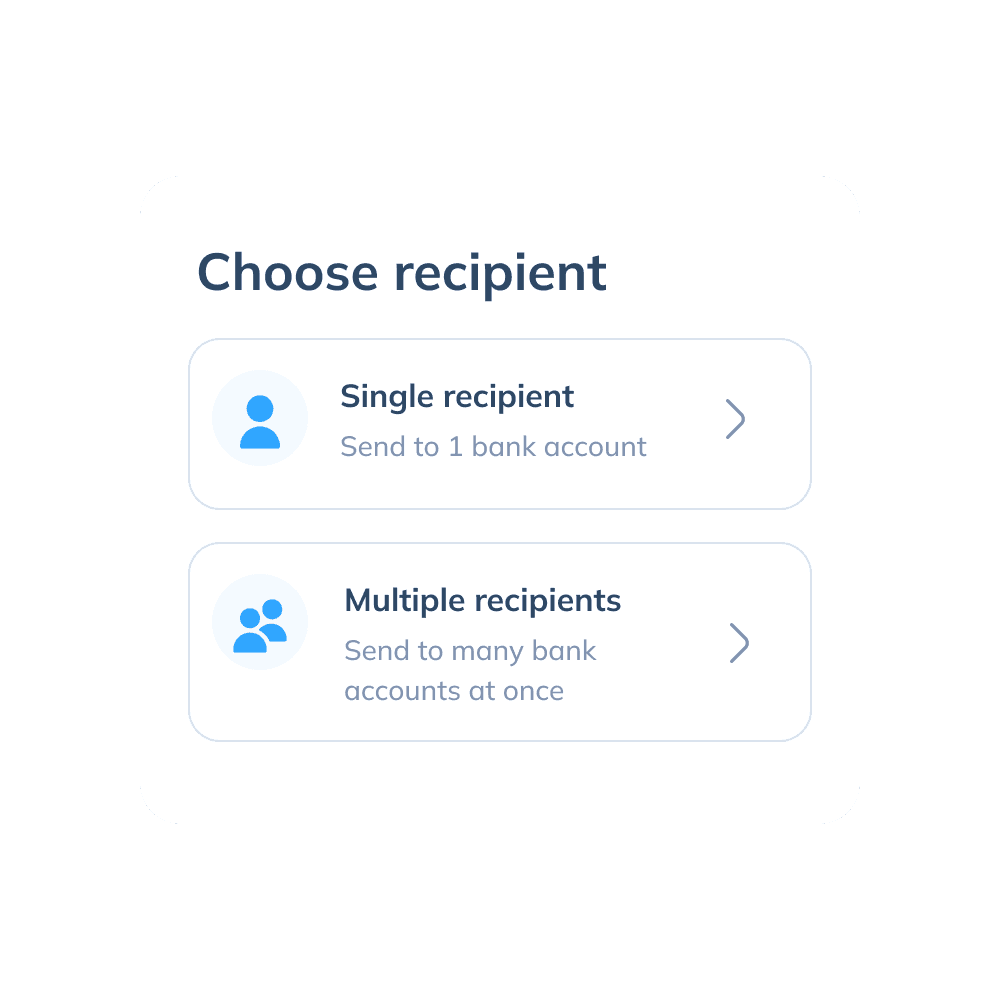 Display of the second step of a local transfer on the Topremit app by selecting the transfer option for “Single Recipient” or “Multiple Recipients”.