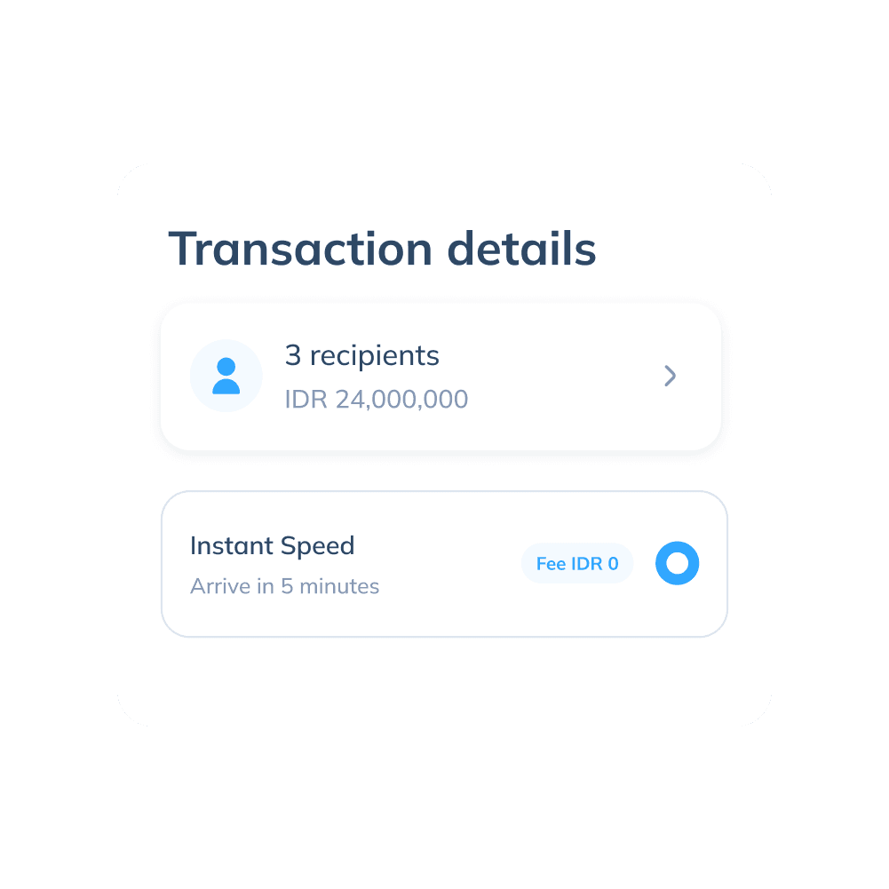 Display of the fourth step of a local transfer on the Topremit app showing transaction details for 3 recipients, a total of IDR 24,000,000, and delivery speed options: Instant Speed and Normal Speed.