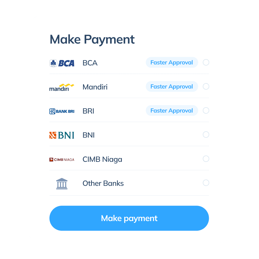 Display of the final step for a local transfer on the Topremit app by making a payment through available banks such as BCA, Mandiri, BRI, BNI, CIMB Niaga, or other banks.