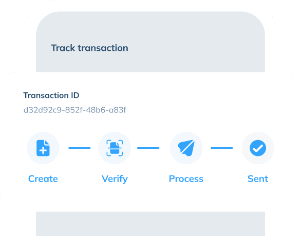 An illustration of app screen showing 'Track transaction' feature. There is a message pop up with a text title 'Transaction ID' and the text below showing the transaction ID. The transaction tracking is shown below these texts.