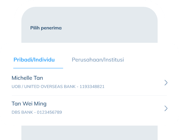 Sebuah ilustrasi tampilan layar aplikasi yang menampilkan fitur 'Pilih penerima'. Ada dua tab yang dapat diklik, 'Pribadi/Individu' yang daftar penerima ditampilkan di layar dan 'Perusahaan/Institusi'.