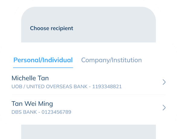 An illustration of app screen showing 'Choose recipient' feature. There are 2 tabs options displayed 'Personal/Individual' which the recipient list is shown on screen and 'Company/Institution' that both are clickable.