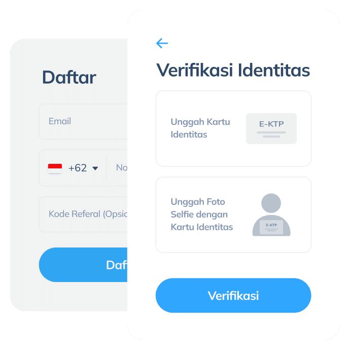Tampilan langkah pertama untuk transaksi internasional di aplikasi Topremit dengan registrasi akun melalui email dan nomor telepon serta verifikasi identitas menggunakan kartu tanda pengenal.