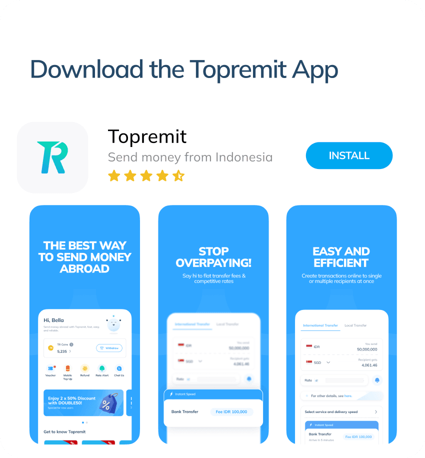 An illustration of Topremit app preview in App Store, also showing the app ratings and a button to install the app.
