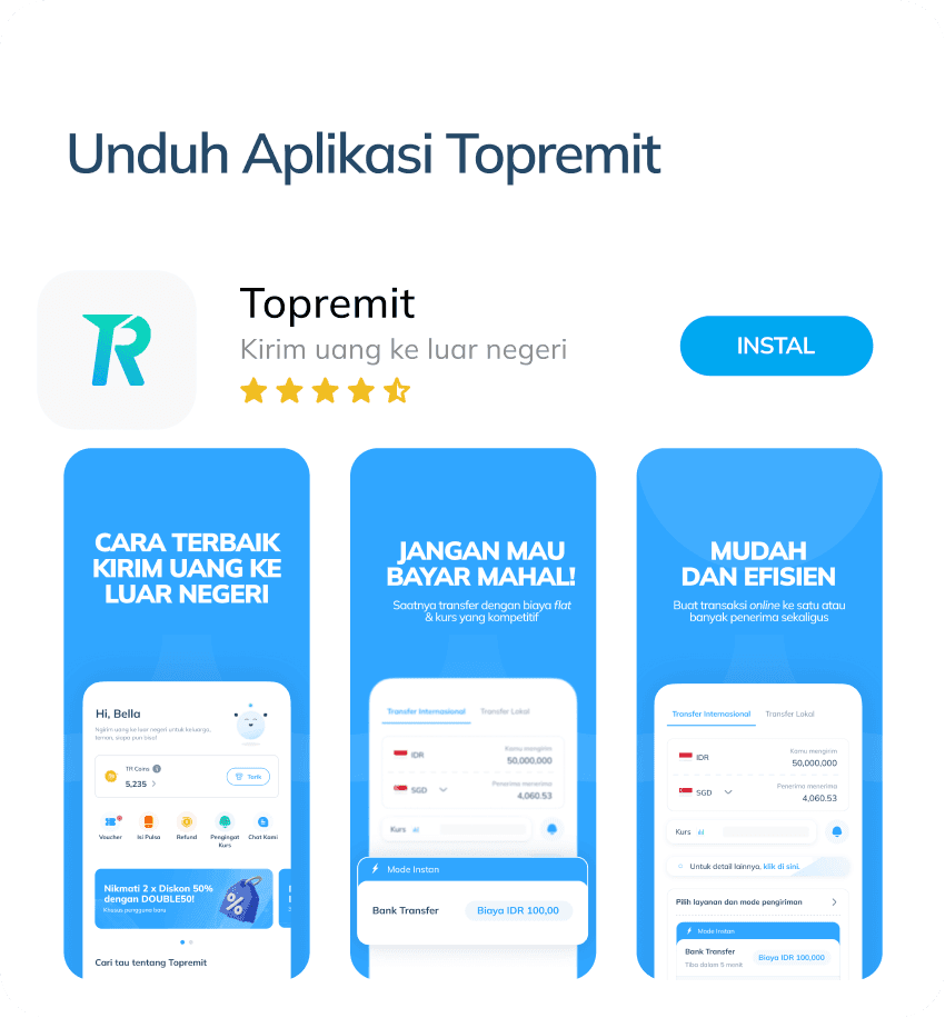 Sebuah ilustrasi yang menunjukkan tampilan sekilas aplikasi Topremit di sebuah app store, yang juga menunjukkan rating dan tombol untuk unduh aplikasi.