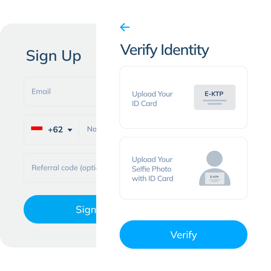 An illustration of Topremit app screen showing a step to sign up and verify identity. There are email and phone number needed in 'Sign Up' column and identity card needed in 'Verify Identity' column.