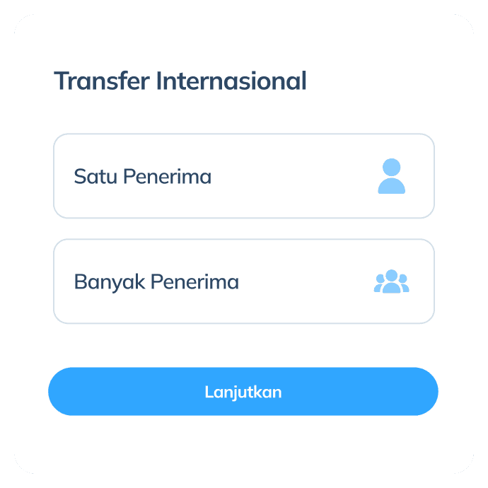 Tampilan langkah kedua transaksi internasional di aplikasi Topremit, menunjukkan opsi transfer ke 'Satu Penerima' atau 'Banyak Penerima'.