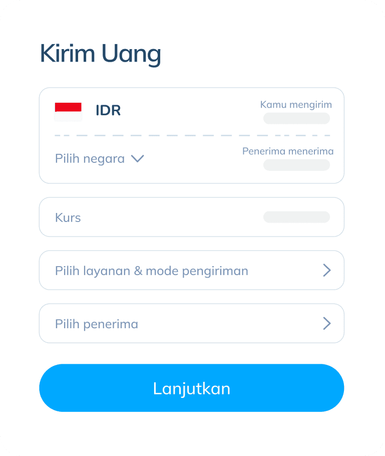 Sebuah ilustrasi tampilan layar aplikasi Topremit yang menunjukkan langkah-langkah kirim uang ke luar negeri. Tersedia sejumlah kolom data yang perlu diisi di bawah teks 'Kirim Uang' dengan urutan dari atas ke bawah: kolom isi jumlah uang yang perlu ditransfer dalam IDR, kolom untuk pilih negara tujuan, info kurs, pilihan layanan, dan kolom untuk pilih penerima transaksi.