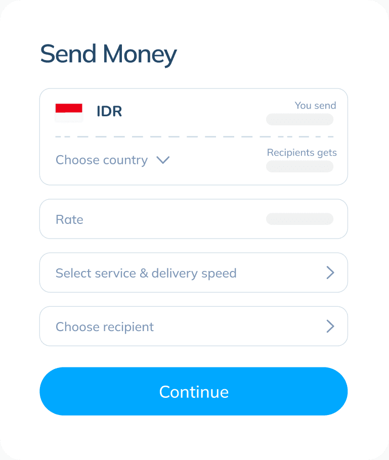 An illustration of Topremit app screen showing a step to send money abroad. There are a few column under 'Send Money' text arranged from top to below: a column to fill ini money amount in IDR currency, a column to choose destination country, rate announcement, service options, and a column to choose recipient.