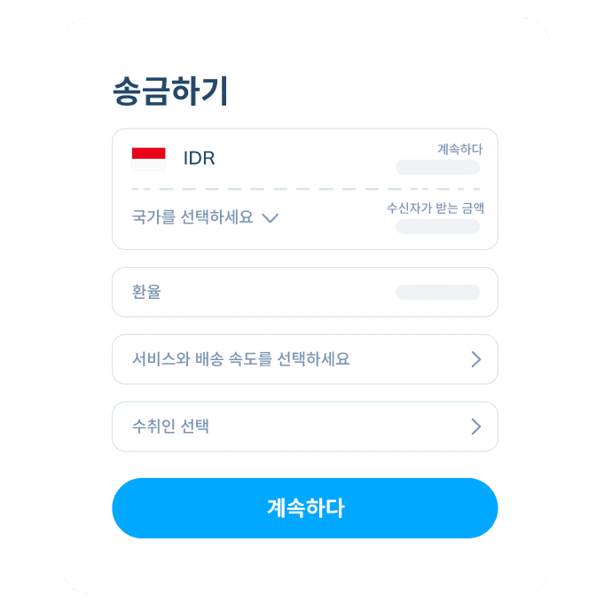 송금 국가, 환율, 서비스 및 수취인을 표시하는 Topremit 앱 국제 거래 3단계 화면.