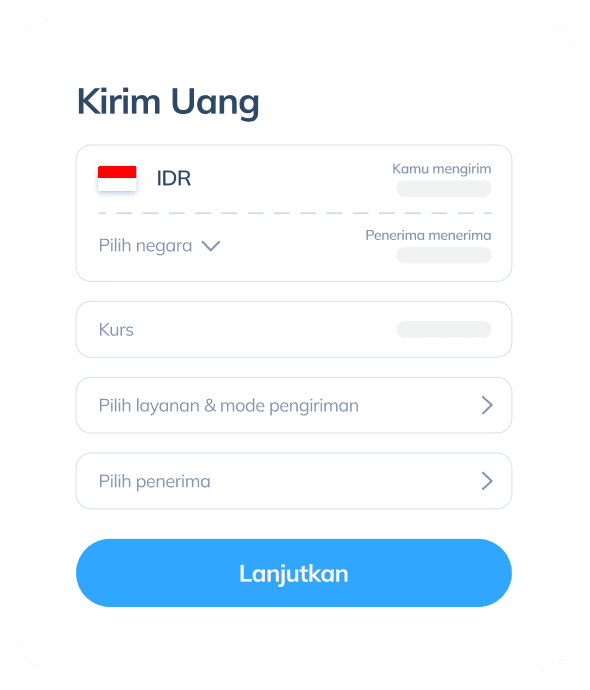 Tampilan langkah ketiga transaksi internasional di aplikasi Topremit yang menunjukkan negara tujuan, nilai tukar, layanan, dan penerima.