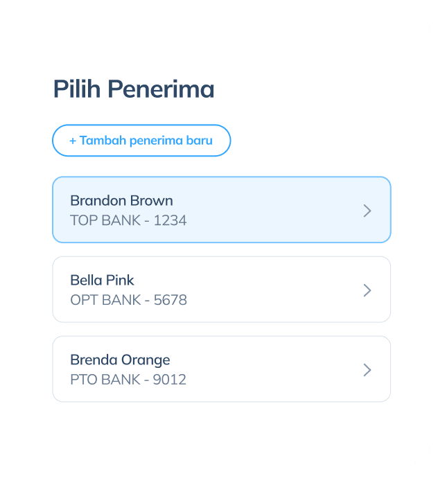 Tampilan langkah keempat transaksi internasional di aplikasi Topremit dengan memilih penerima atau mengisi data penerima baru.