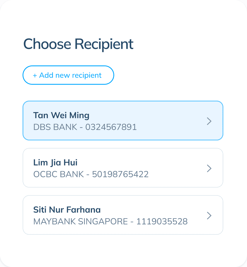 An illustration of Topremit app screen showing a 'Choose Recipient' page. There is an option to “Add New Recipient”, along with a list of saved recipients: Tan Wei Ming (DBS Bank), Lim Jia Hui (OCBC Bank), and Siti Nur Farhana (Maybank Singapore).