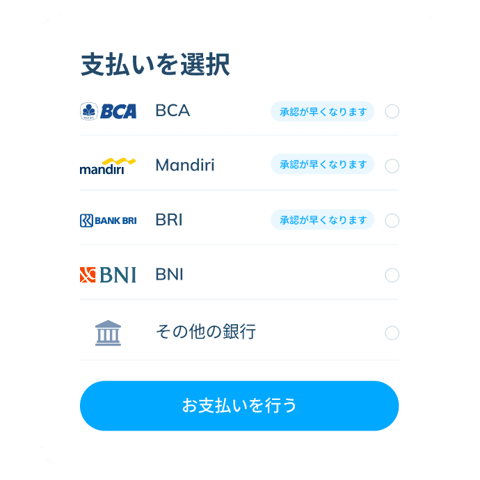 BCA、Mandiri、BRI、BNI、などの利用可能な銀行を通じて支払いを行う、Topremit アプリの国際取引の最終ステップ画面。