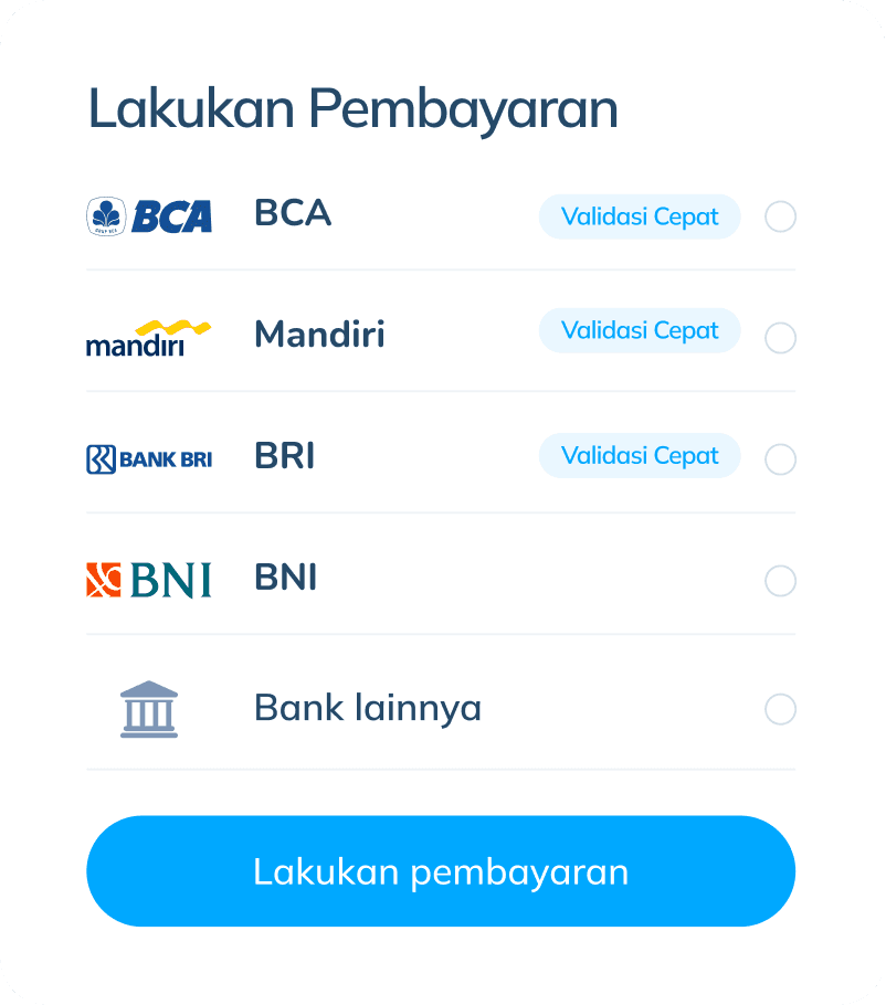 Sebuah ilustrasi tampilan layar aplikasi Topremit di halaman 'Lakukan Pembayaran' yang menampilkan pilihan bank untuk pembayaran: 'BCA', 'Mandiri', dan 'BRI' dengan label 'Validasi Cepat', serta 'BNI' dan opsi tambahan 'Bank lainnya'. Tersedia tombol 'Lakukan pembayaran' di bawah opsi pembayaran.