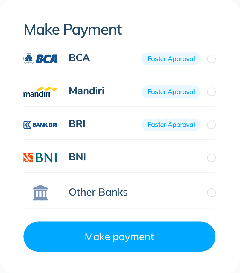 An illustration of Topremit app screen showing 'Make Payment' page with bank payment options: BCA, Mandiri, and BRI with 'Faster approval' label beside them, and BNI along with Other Banks options. Below the available options there is a “Make payment” button.